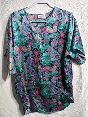 Vintage Featherbed Nightgown Womens one size Paisley Floral Bright Satin Lounge